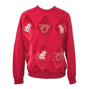 VTG Alfred Dunner Red Crewneck Sweater Floral Embroidery Small Christmas Grandma